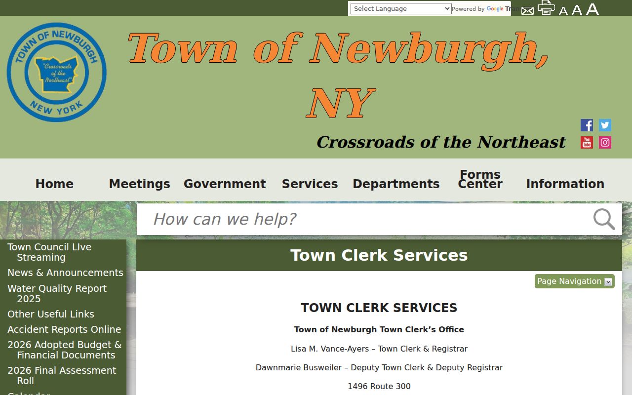 Town of Newburgh residents directory Town Clerk and Registrar services