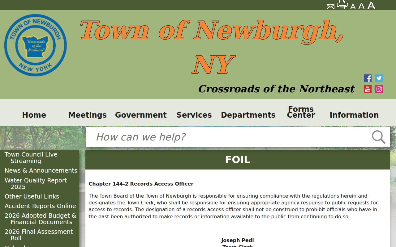 Town of Newburgh residents directory FOIL request page