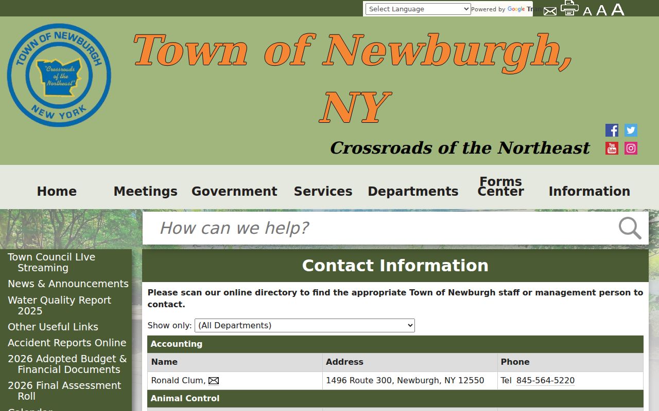 Town of Newburgh neighbors research using the official Town department contact directory