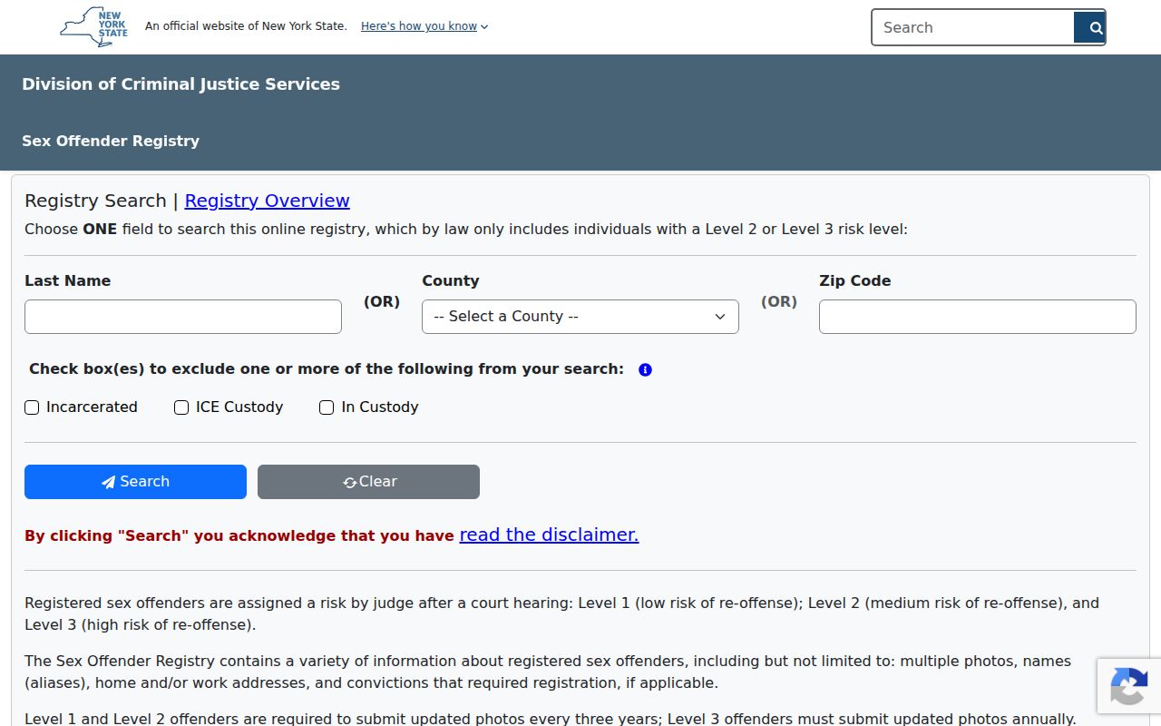 Town of Newburgh resident lookup view of the New York public safety registry search